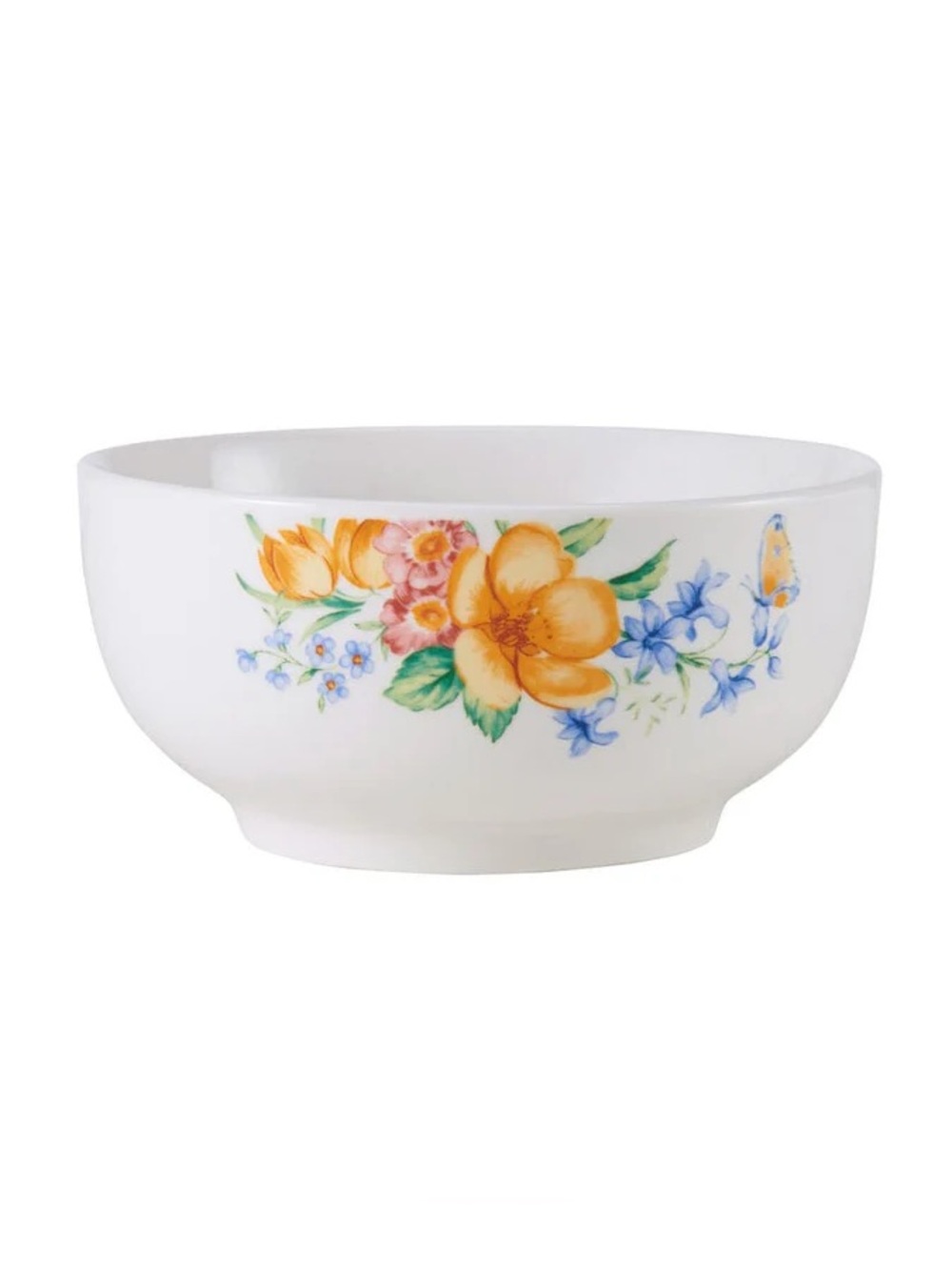 Set of 4 White Porcelain 5.5” Cereal Bowls Floral Butterfly Cottagecore Garden